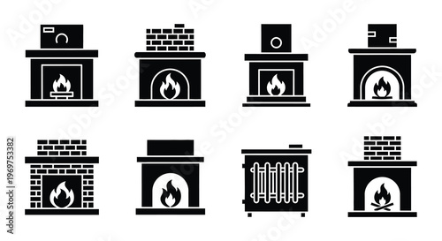 Collection of black silhouette icons depicting various heating appliances