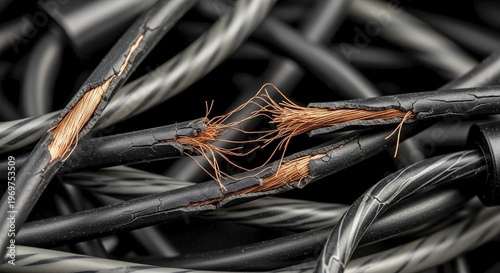 Close-up of broken electrical wire with exposed copper strands. Damaged black cable showing frayed connection and cracked insulation. Electrical hazard, short circuit and ecology e-waste concept
