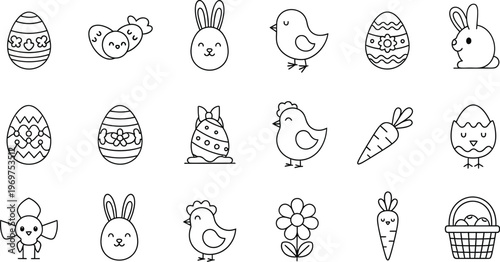 Charming collection of outline vector icons featuring adorable easter and spring themed elements perfect for holiday celebrations, greeting cards, and festive decorations.
