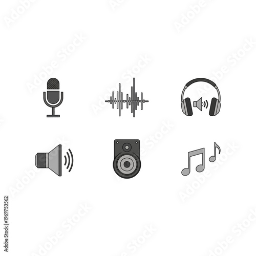 A collection of audio equipment and music symbols