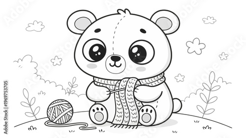 A cute cartoon bear holding a ball of yarn in a garden