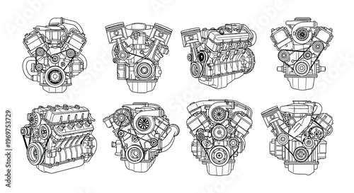 Detailed line art illustration of various internal combustion engines