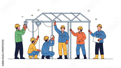 Construction Team at Work: A group of construction workers diligently assemble a structure. Their synchronized efforts, representing the spirit of teamwork and meticulous execution.