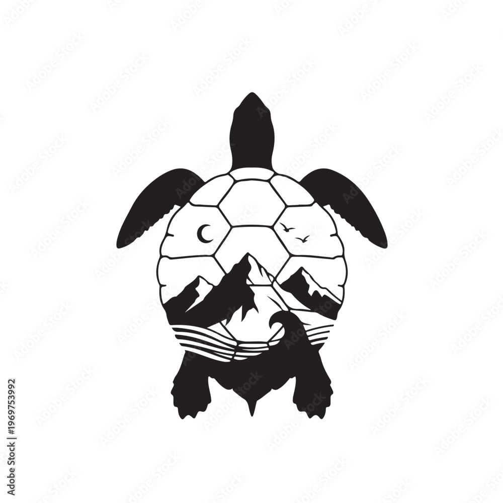 Obraz premium Creative Double Exposure Sea Turtle Top View with Hexagonal Shell and Mountain Nature Scene, Black Wildlife Concept Vector Illustration Isolated on White for Art and Print Design