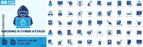 Hacking And Cyber Attack Solid Color Editable Icons set