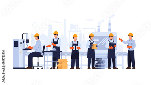 Industry Workforce: A detailed illustration of a factory floor, where dedicated workers actively engage in their roles, working harmoniously with advanced machinery to manufacture products.
