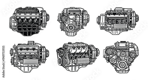 Detailed line art illustration of various internal combustion engines