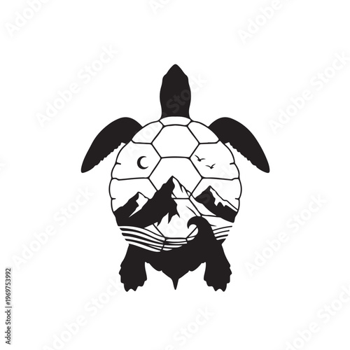 Creative Double Exposure Sea Turtle Top View with Hexagonal Shell and Mountain Nature Scene, Black Wildlife Concept Vector Illustration Isolated on White for Art and Print Design