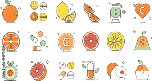 Vitamin C Illustration Set with Citrus Fruits, Supplements, Capsules, Health Icons, Immunity Boost Concept, and Nutrition Vector Collection for Wellness Design.