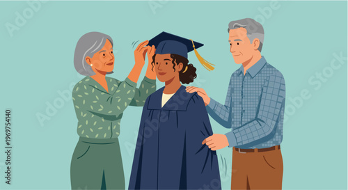 Proud Parents Helping Daughter Wearing Graduation Cap and Gown, Happy Family Celebrating Academic Achievement and University Graduation, Parents Support for Student Success Illustration