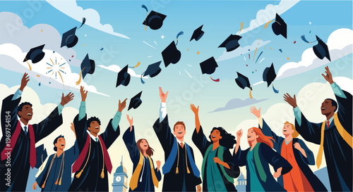 Group of Diverse Happy University Students Celebrating Graduation Day by Throwing Academic Caps in the Air against Blue Sky Background, Higher Education Success, Multicultural Graduates Achievement