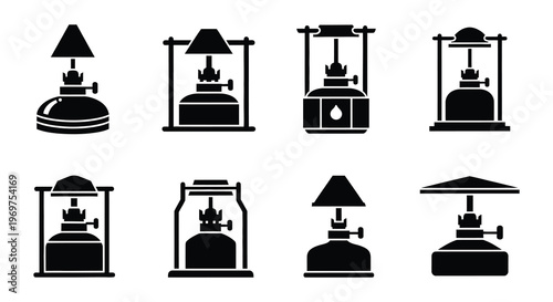 Collection of vintage oil lamp and burner icons in black silhouette