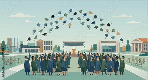Large Group of Graduates Tossing Graduation Caps in the Air on University Campus, Outdoor Commencement Ceremony with Academic Buildings and Stage, Education Success and Future Career Concept