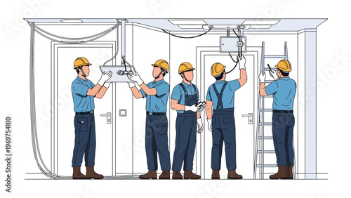 Electricians at Work: A team of skilled electricians collaborating to install and maintain electrical systems in a building, showcasing their expertise and teamwork.