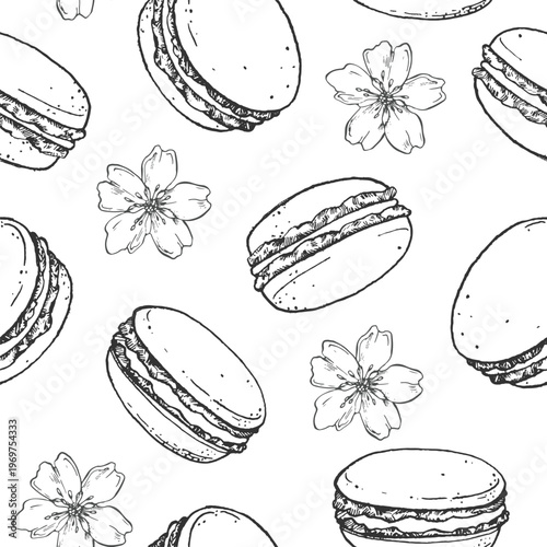 Seamless pattern with macarons, almond flowers. Hand drawn vector background. Template for labels and dessert packaging.