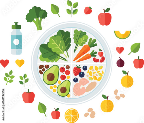 Healthy Balanced Diet Plate Vector Illustration with Fruits, Vegetables, Protein Foods, Greens, and Nutrition Concept for Clean Eating Lifestyle Design.