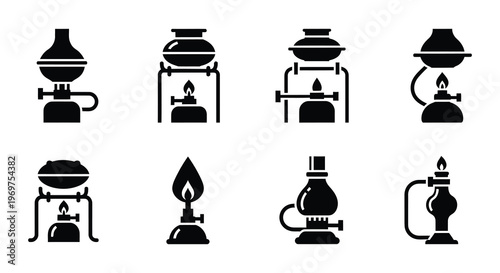 Collection of vintage oil lamp and burner icons in black silhouette