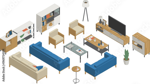 Isometric furniture set with sofas armchairs tables and cabinets for modern living room interior design and architectural visualization projects.