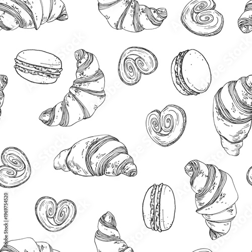 Sweet French pastries seamless pattern. A hand-drawn vector ornament. Croissant, macaroon, palmier. Template for label design, menus, recipes, bakery, and coffee shop.