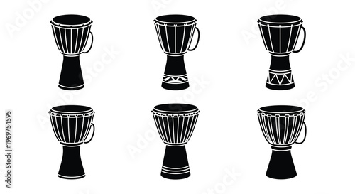 Eight black silhouette djembe drums arranged in a grid pattern