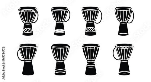 Eight black silhouette djembe drums arranged in a grid pattern