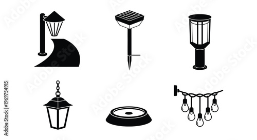 Collection of various black silhouette outdoor lighting fixtures and designs