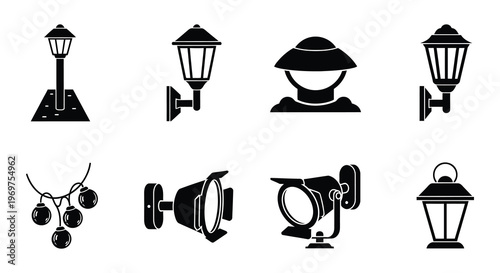 Collection of various black silhouette outdoor lighting fixtures and designs