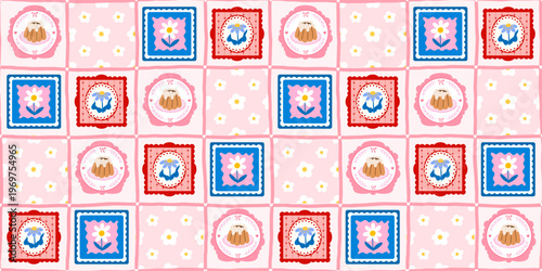 Kawaii pattern frame and quilt flower floral with spring patchwork seamless. Cute wallpaper checkerboard and print texture girly with tiny scrapbook background. Pastel kawaii checkered.