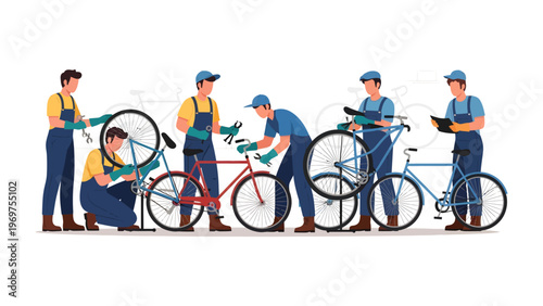 Bicycle Repair Technicians: A team of skilled technicians diligently repairs a collection of bicycles, their expertise evident as they work on the intricate mechanisms.