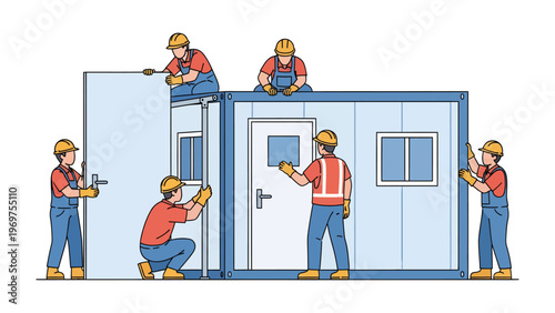 Building Team Assembling Structure: A skilled construction team works in unison to erect a prefabricated structure, each member playing a crucial role in the process of building a modern dwelling.