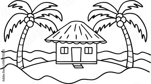Tropical beach hut with palm trees vector illustration