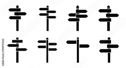 Collection of black signpost icons with multiple directional arrows