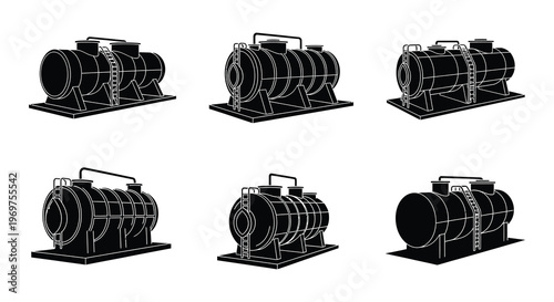 Black and white illustration depicting various industrial storage tanks