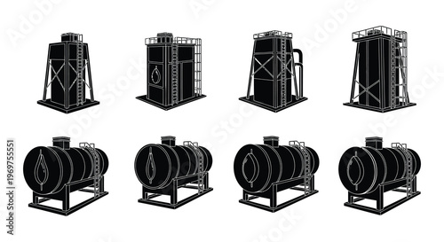 Black and white illustration depicting various industrial storage tanks