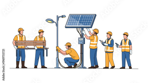 Sustainable Energy Installation: A group of skilled workers collaborating to install a solar-powered street light, symbolizing the shift towards eco-friendly infrastructure and sustainable living.