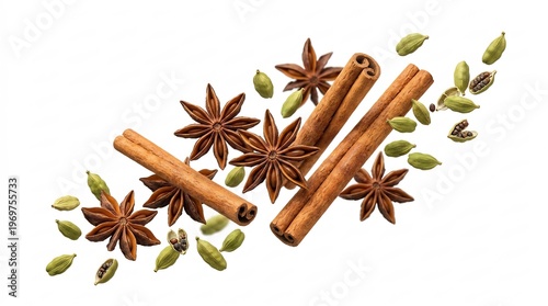 Wallpaper Mural A scattered collection of star anise, cinnamon sticks, and green cardamom pods on a white background. Torontodigital.ca