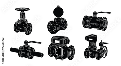 Technical illustration of various industrial valves in a black and white style