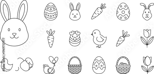 A delightful collection of various line art Easter icons featuring adorable bunnies, decorated eggs, sweet chicks, fresh carrots, and spring flowers, perfect for holiday designs.