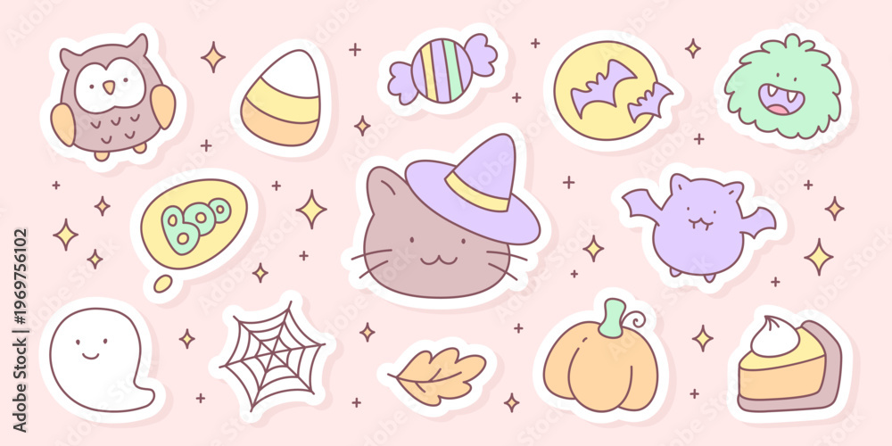 Naklejka premium Kawaii halloween sticker set. Cute spooky collection with cat in witch hat, ghost, bat, pumpkin, candy and autumn elements in soft pastel colors. Vector 10 EPS.