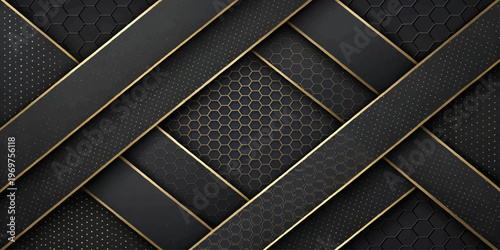 Black Gold Geometric Background with Metallic Lines Luxury Premium Abstract Design Style.