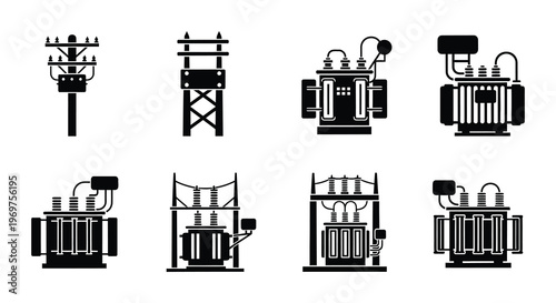 Collection of electrical transformers in a black and white silhouette style