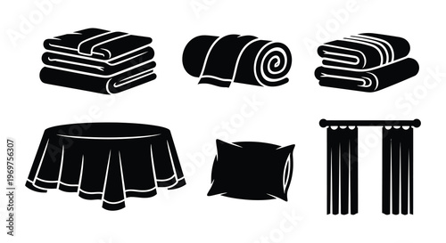 Black and white illustration of folded towels bedding and window treatments