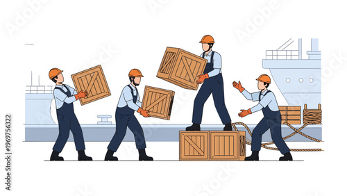 Cargo Handling at Port: A team of diligent workers meticulously handle wooden crates on the bustling docks. Efficiently coordinating their efforts, ensuring seamless logistics.