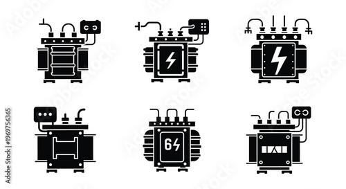 Collection of electrical transformers in a black and white silhouette style
