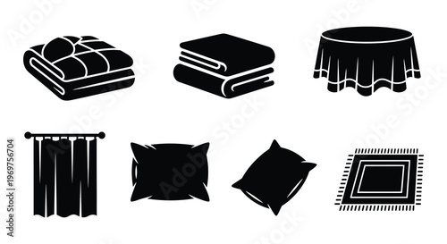 Black and white illustration of folded towels bedding and window treatments