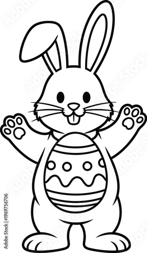 Cute Easter bunny holding up paws with decorated egg on belly