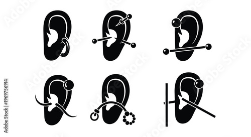 Variety of ear piercings illustrated with different jewelry styles