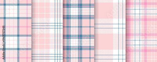 Pink seamless pattern. Vichy background. Set girly prints Checkered table cloth. Gingham plaid textile. Retro tartan backdrops. Shirt textures. Kitchen fabric. Geometric design. Vector illustration