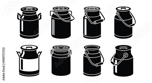 Collection of black and white milk cans in various shapes and sizes