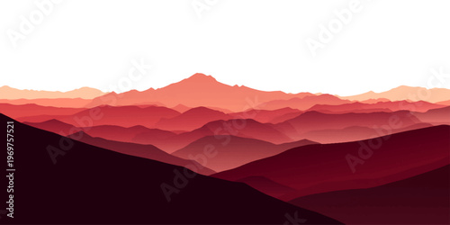 Vector illustration of a misty mountain landscape at sunset with a forest valley and peaks under a cloudy sky